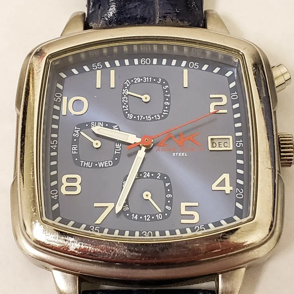 Anne Klein AK Navy Blue Day Date DOW 24-HR Red White Blue Square Face Watch